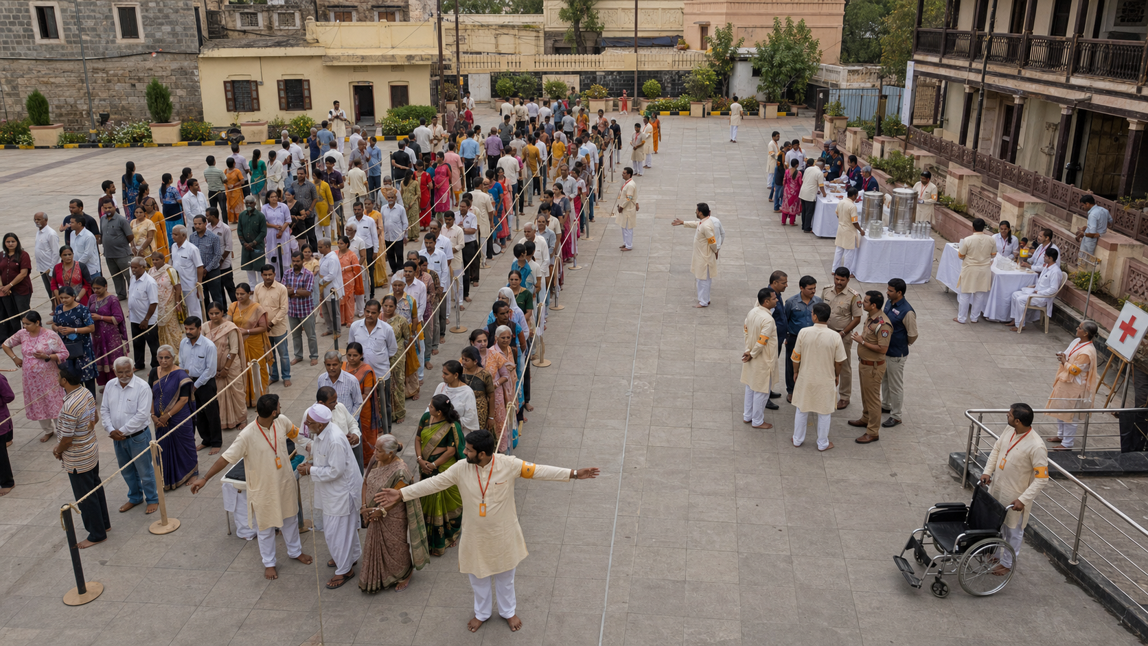 Volunteer stewards organize a peaceful public assembly in a Maharashtra square with water, first aid, accessibility support, and a clear emergency corridor.