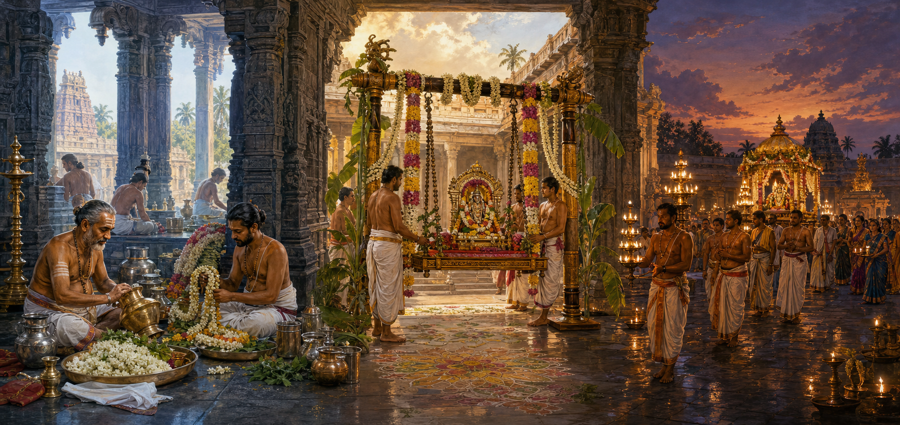 Three connected temple scenes show preparations for ritual bathing in the morning, a flower-decorated swing service in the afternoon, and a lamp-lit procession in the evening.
