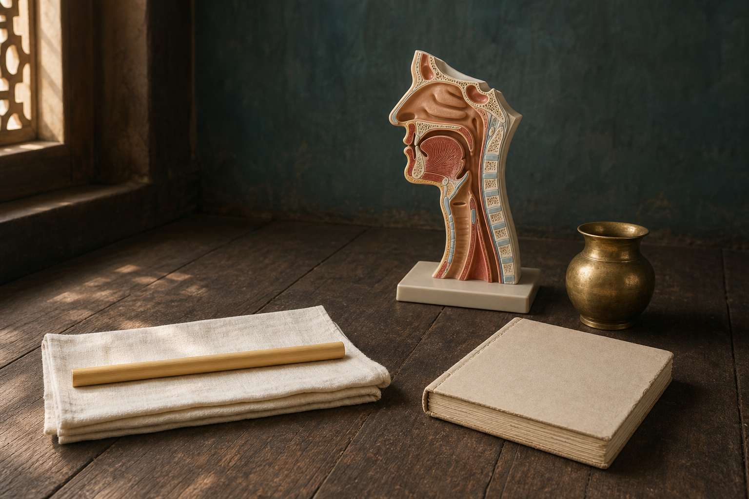 An unused natural reed, folded cotton cloth, brass water vessel, and anatomical model of the throat and upper digestive tract arranged in a quiet practice room.