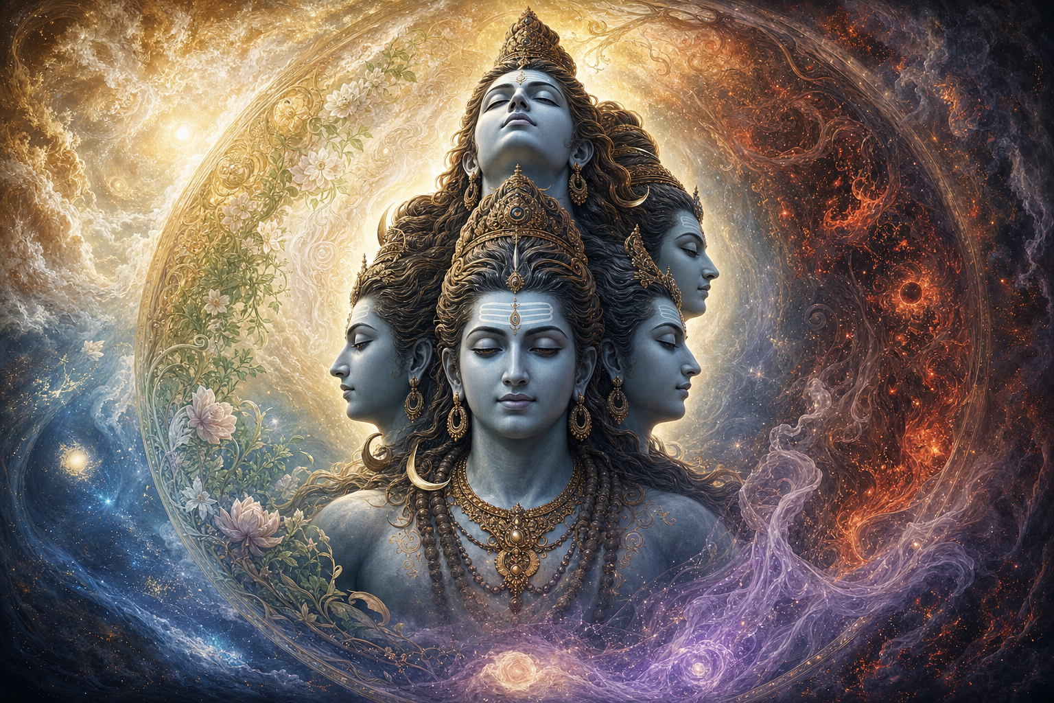 A unified five-faced form of Sadashiva appears within a circular cosmic field of emerging forms, balanced life, embers, a translucent veil, and radiant light.