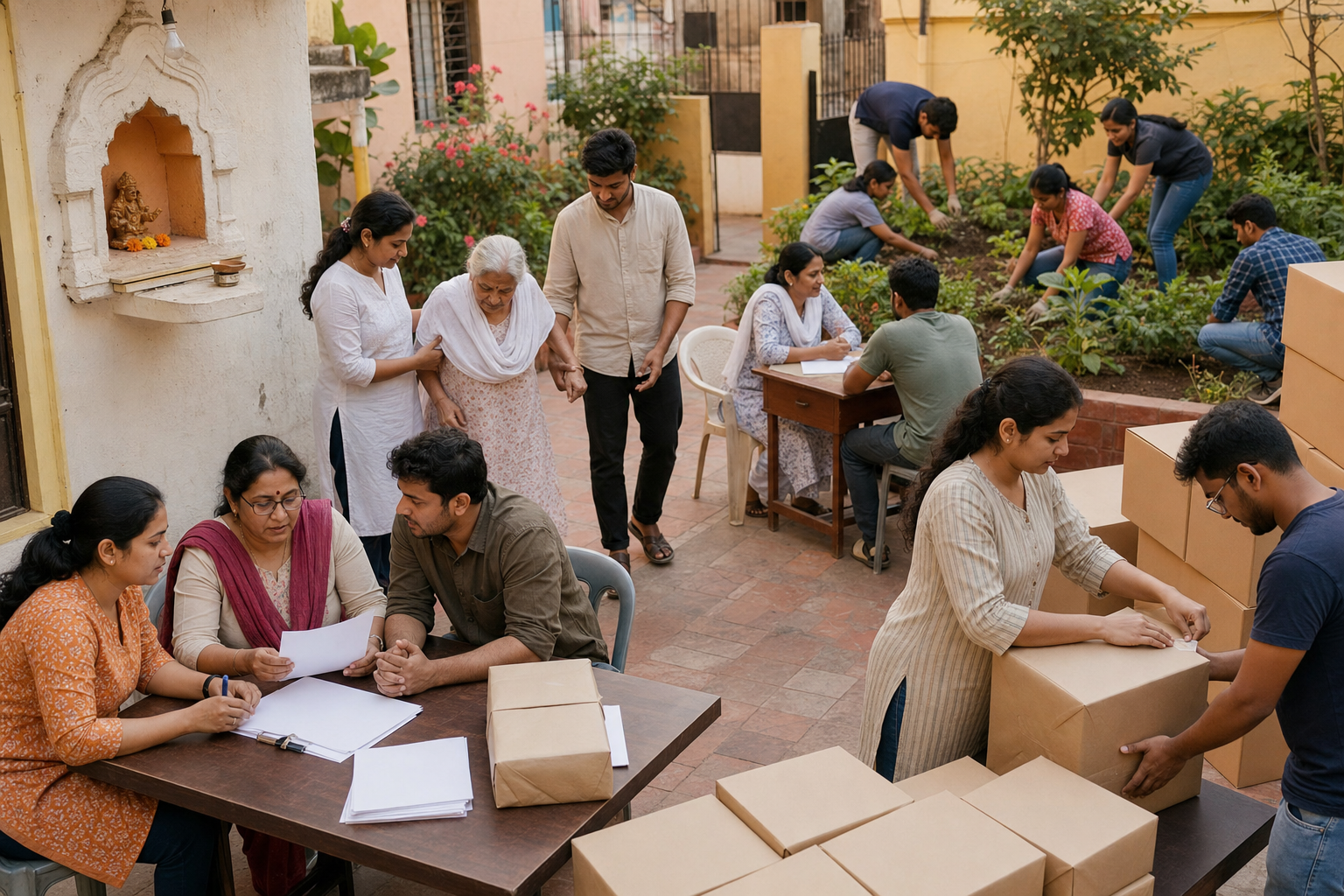 Multigenerational volunteers provide legal support, prepare relief supplies, and restore a shared garden in a Maharashtra neighborhood courtyard.