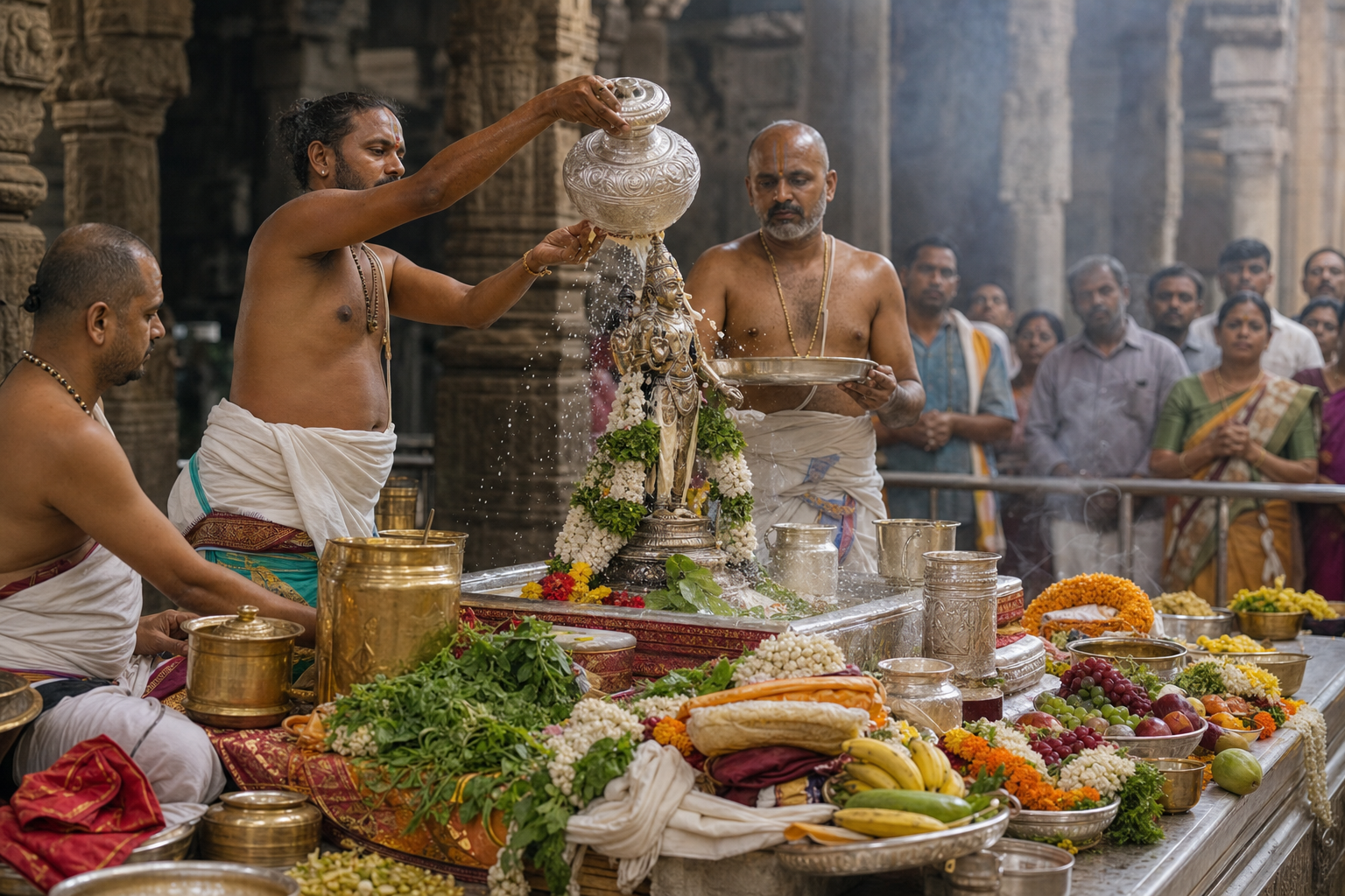 Priests perform a ceremonial bathing ritual for a small processional deity inside a stone-pillared temple hall while pilgrims observe.