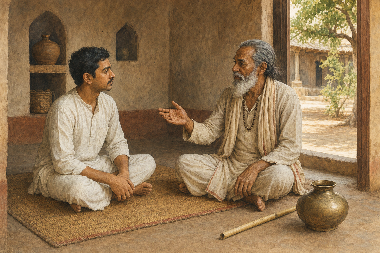 A seated yoga practitioner listens to a teacher in an earthen practice space while an unused reed and water vessel rest on the floor.