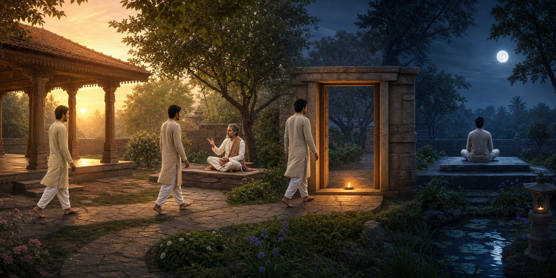 A practitioner follows a temple-garden path from a public pavilion to a teacher, a lamp-lit threshold, and a moonlit meditation platform.