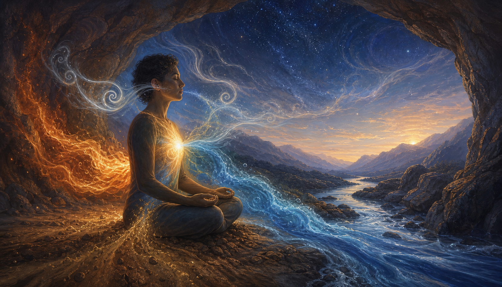 A meditator sits in a dawn-lit cave as visual currents of earth, water, fire, wind, and open sky meet the senses, breath, and a glow at the heart.