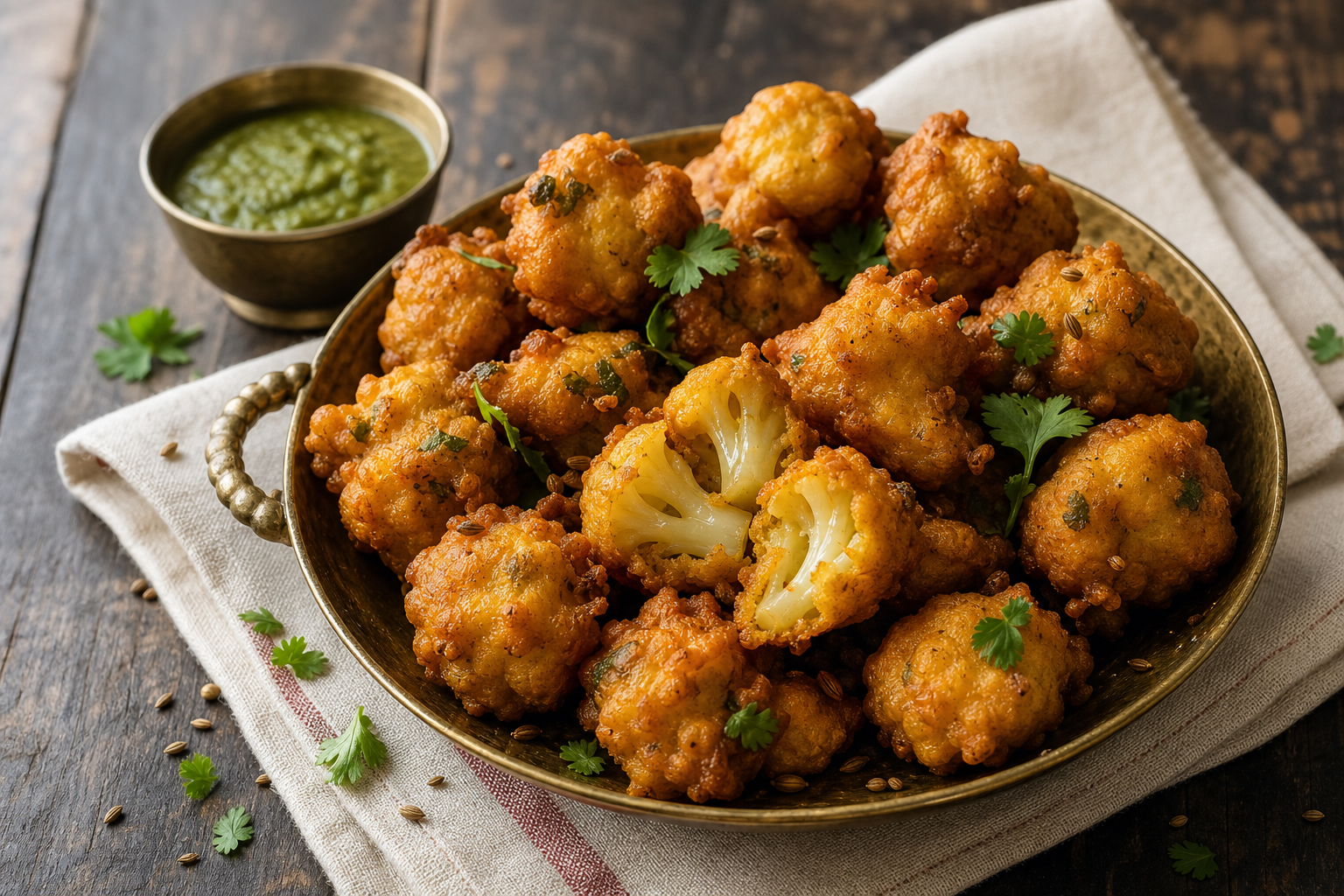 Golden cauliflower pakoras in a brass bowl, including one broken open to show the cauliflower center, with green chutney nearby.