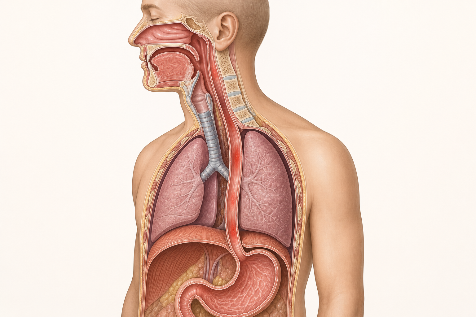 Side-profile anatomical cutaway showing the mouth, throat, airway, esophagus, diaphragm, and stomach, with subtle irritation along delicate tissue.
