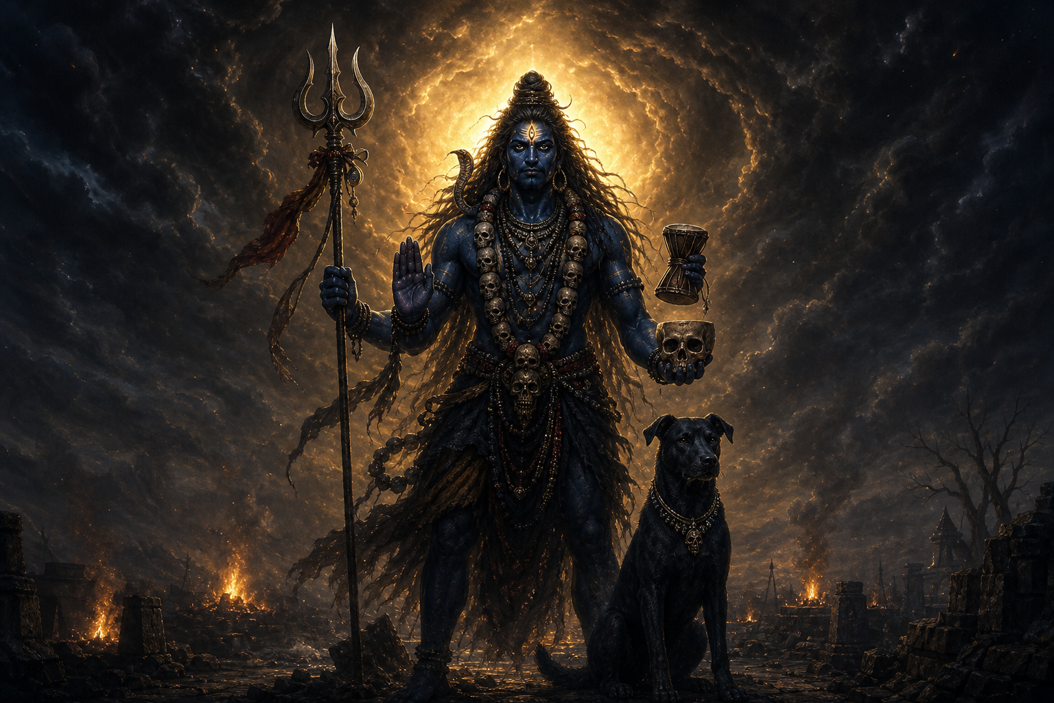 Bhairava stands with a trident and drum in a smoky night landscape, one hand raised in fearlessness, while a black dog sits beside him and a golden halo surrounds his head.