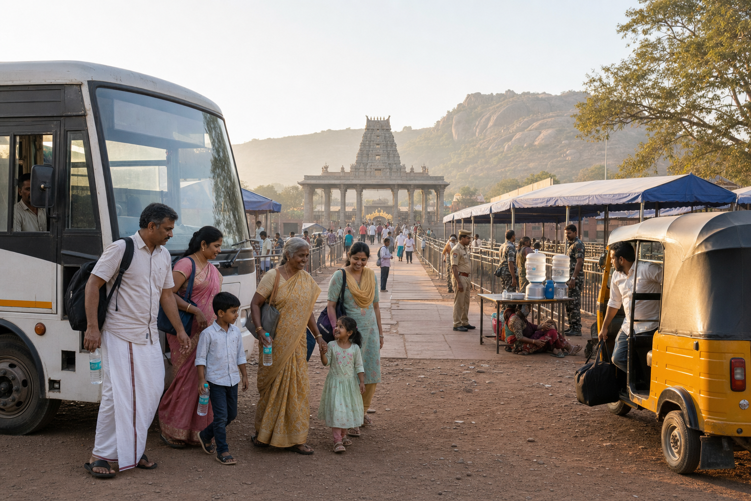 Pilgrims leave a local bus and auto-rickshaw at a morning drop-off area and follow a pedestrian lane toward a South Indian temple gateway.