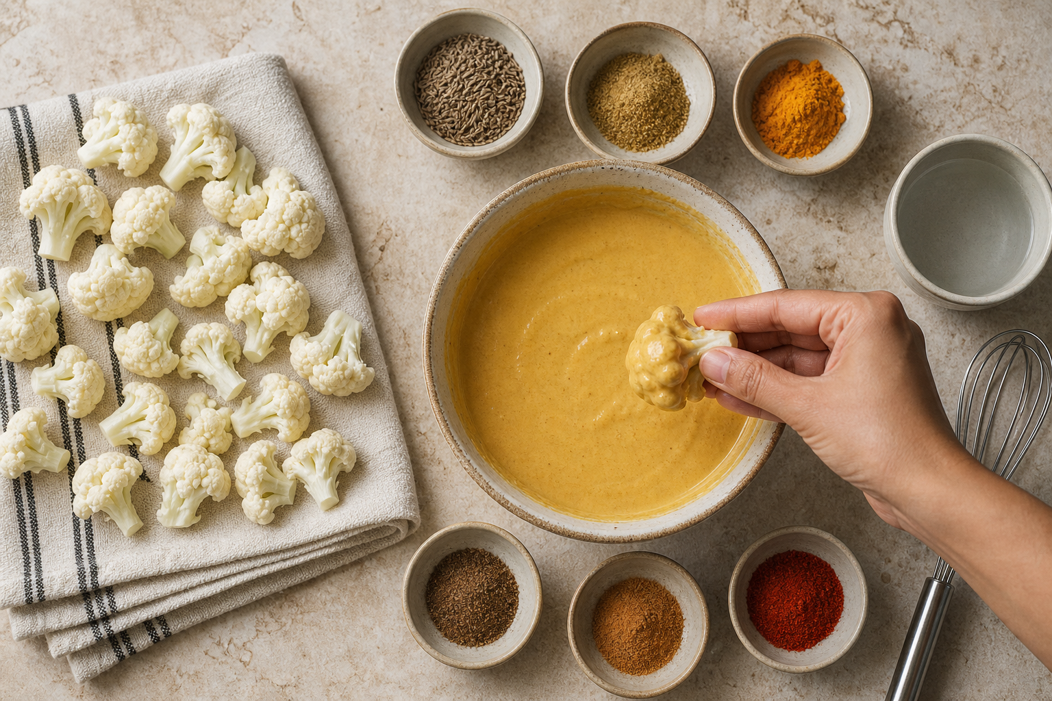 Small dry cauliflower florets beside a bowl of chickpea-flour batter and individual dishes of cumin, coriander, turmeric, allspice, cinnamon, and chili.