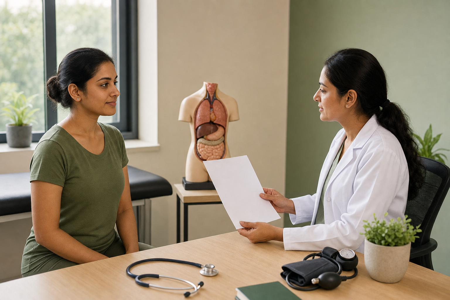 A clinician conducts a screening consultation with an adult yoga practitioner beside an unlabeled digestive anatomy model and basic examination equipment.
