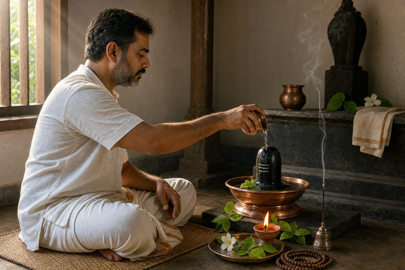 A seated practitioner pours water over a small stone Shiva linga at a home shrine with a clay lamp, bilva leaves, flowers, incense, and prayer beads.