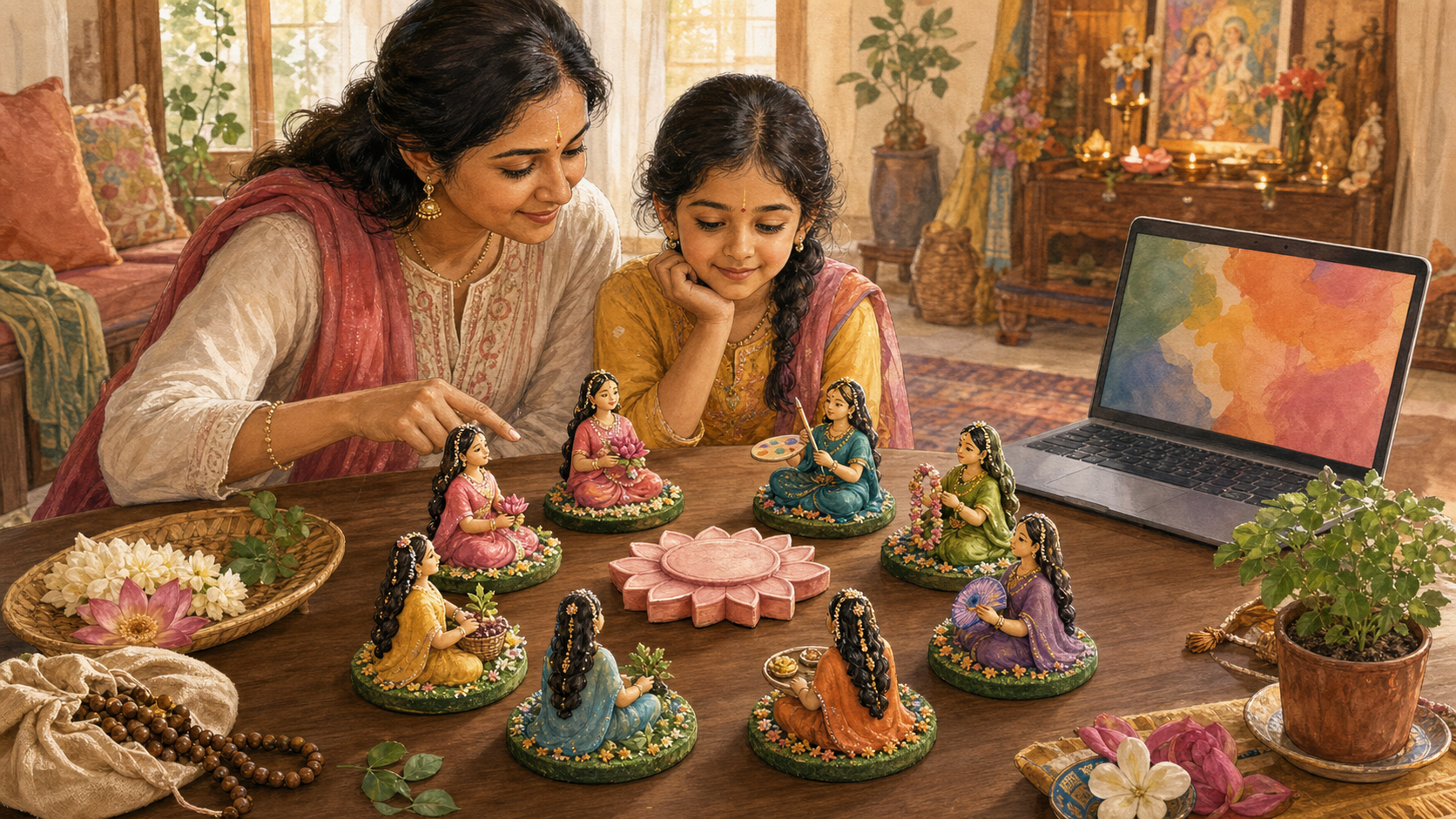 A parent and child explore eight colorful handmade figures arranged around a lotus-shaped platform beside a laptop in a devotional home setting.