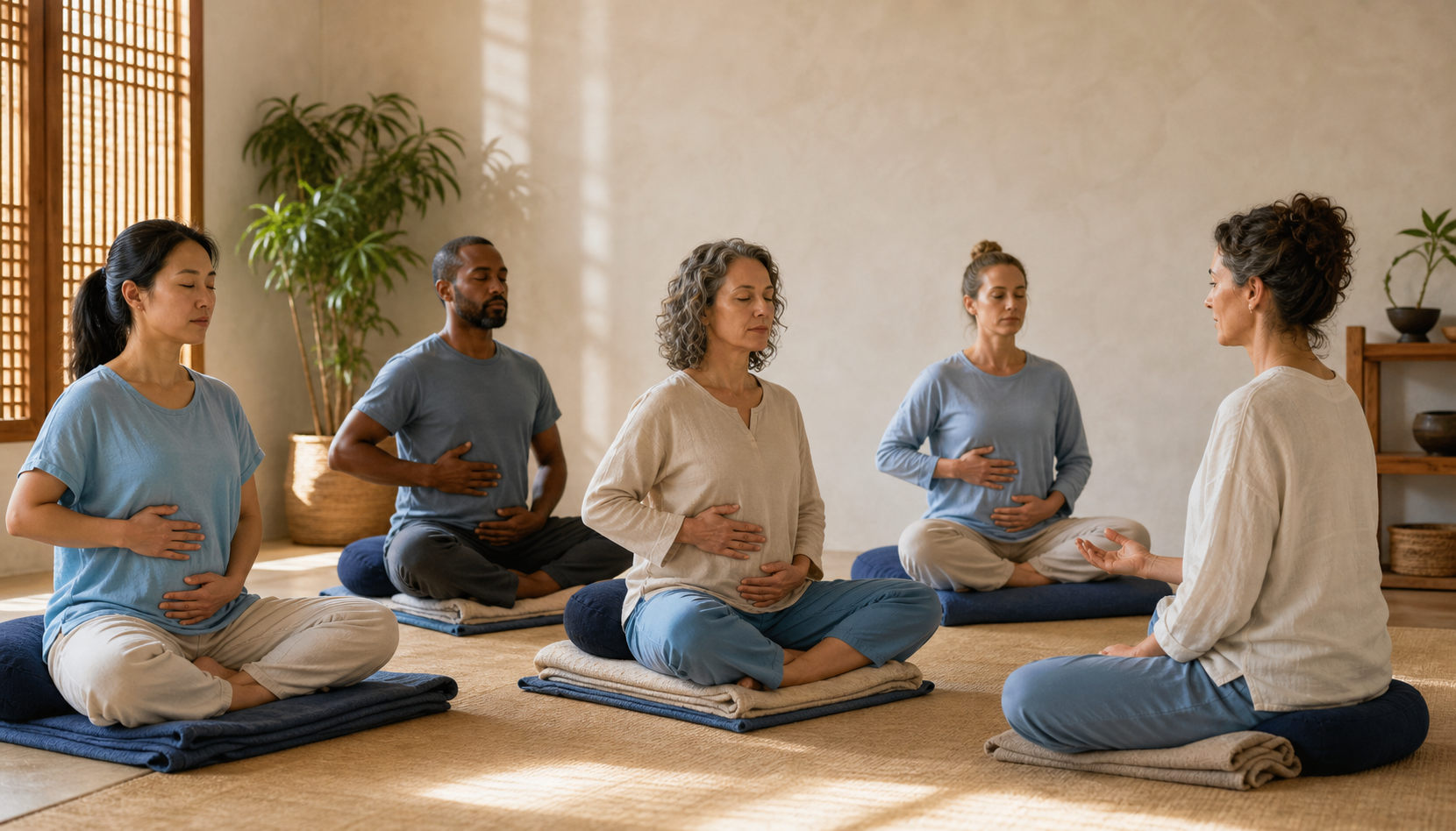 A teacher guides a small group of adults through relaxed seated breath awareness using cushions and folded blankets in a sunlit studio.