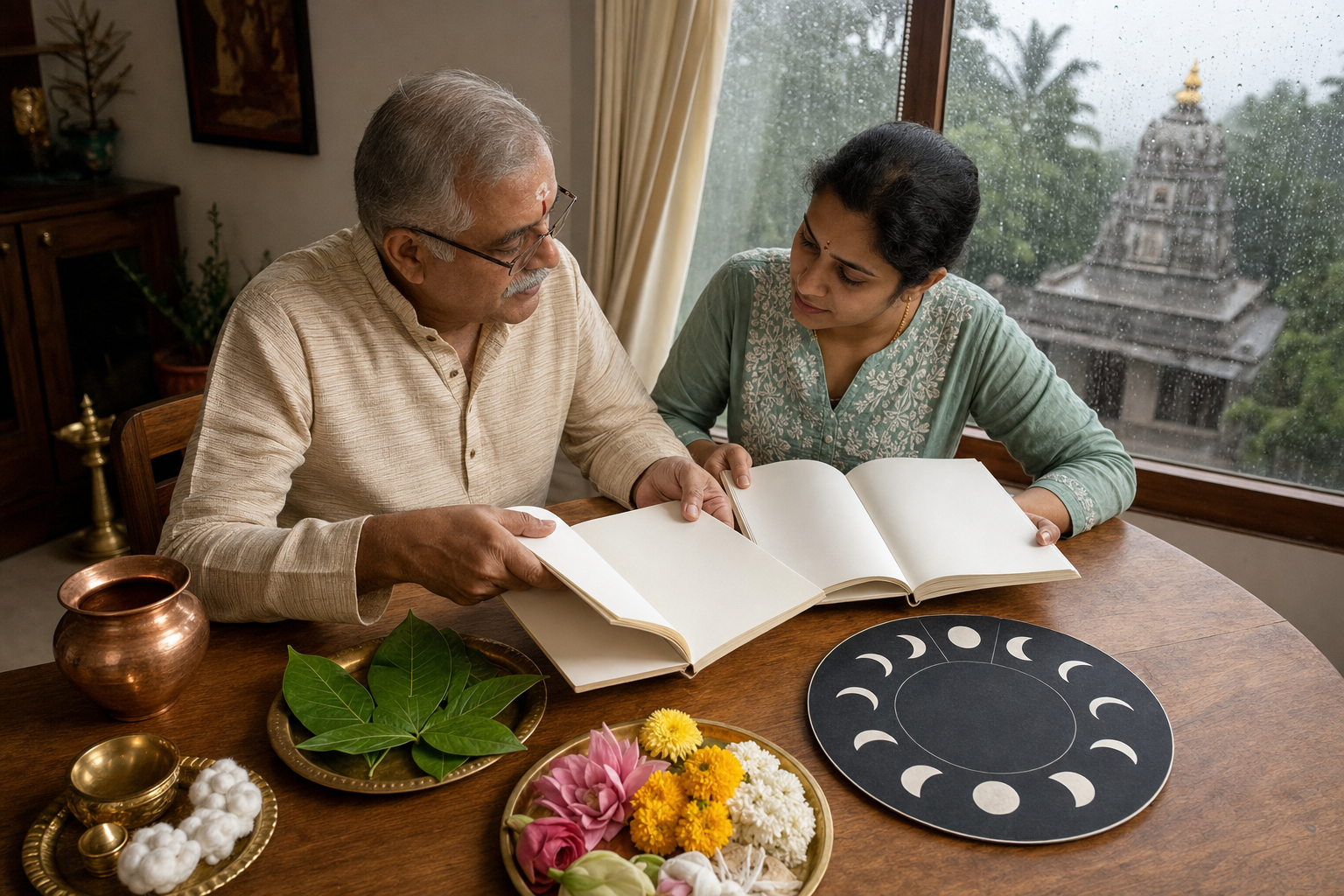 Two family members organize ritual supplies while consulting an unmarked almanac and moon-phase wheel beside a monsoon window.
