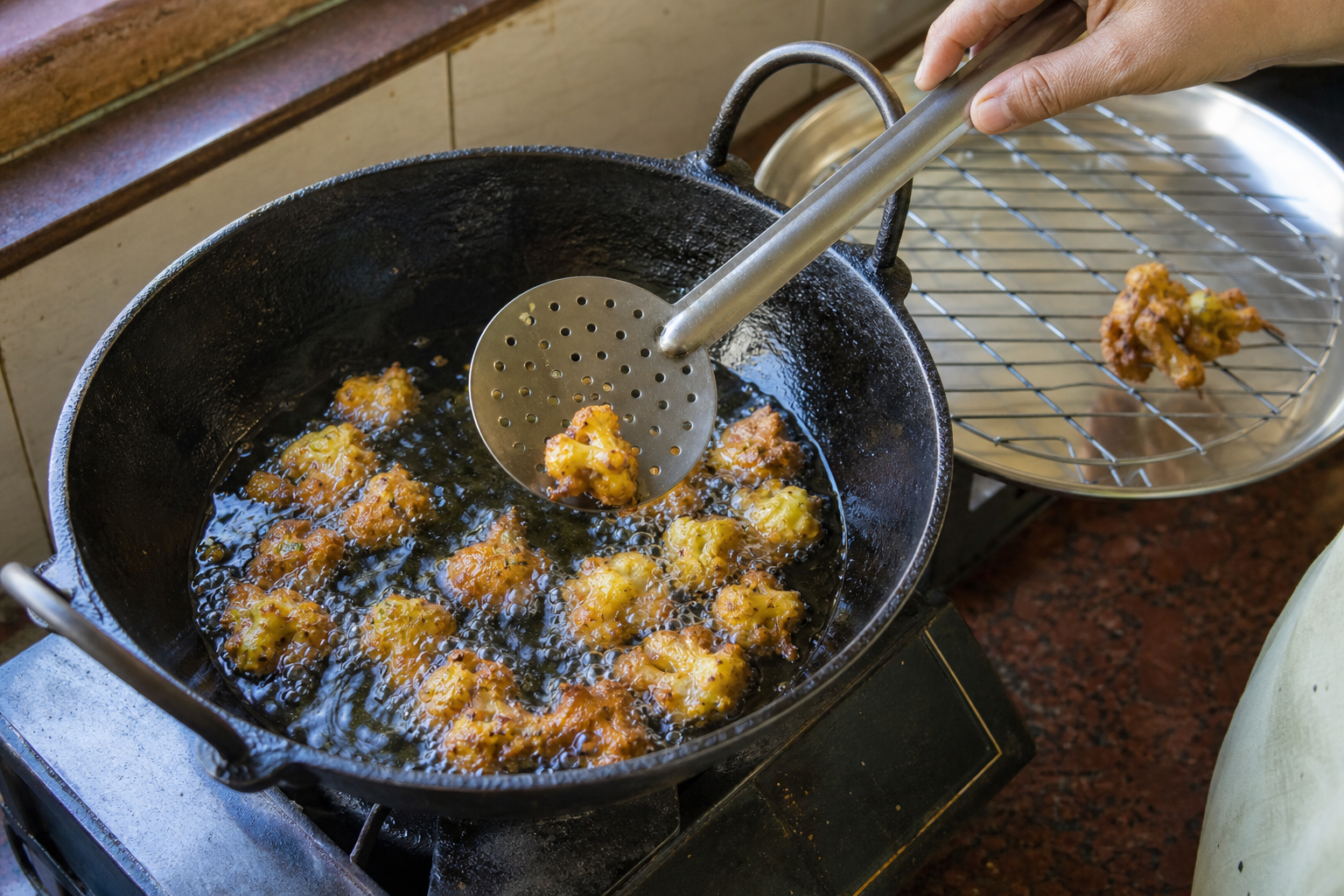Battered cauliflower florets frying separately in hot ghee as a cook turns one pakora with a perforated metal skimmer.