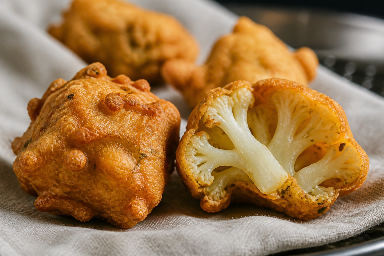 Close view of an evenly golden, blistered cauliflower pakora beside a split pakora showing tender cauliflower and a thin cooked crust.
