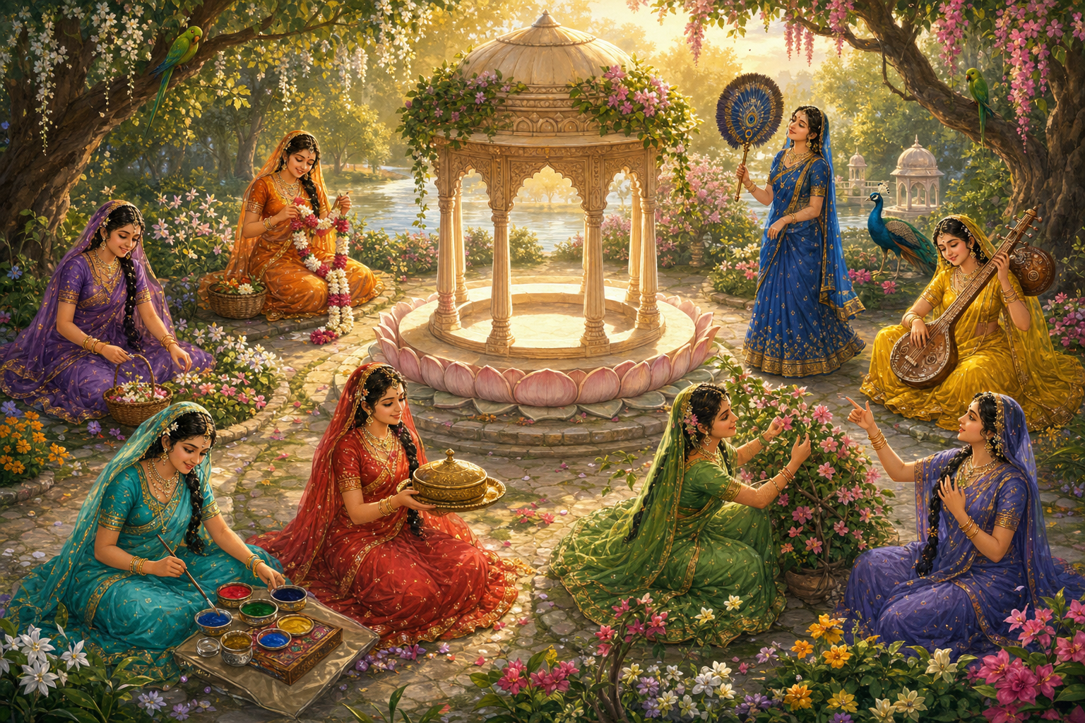 Eight women perform different services in a flowering grove, including gathering flowers, making a garland, playing music, painting, serving, and tending plants.