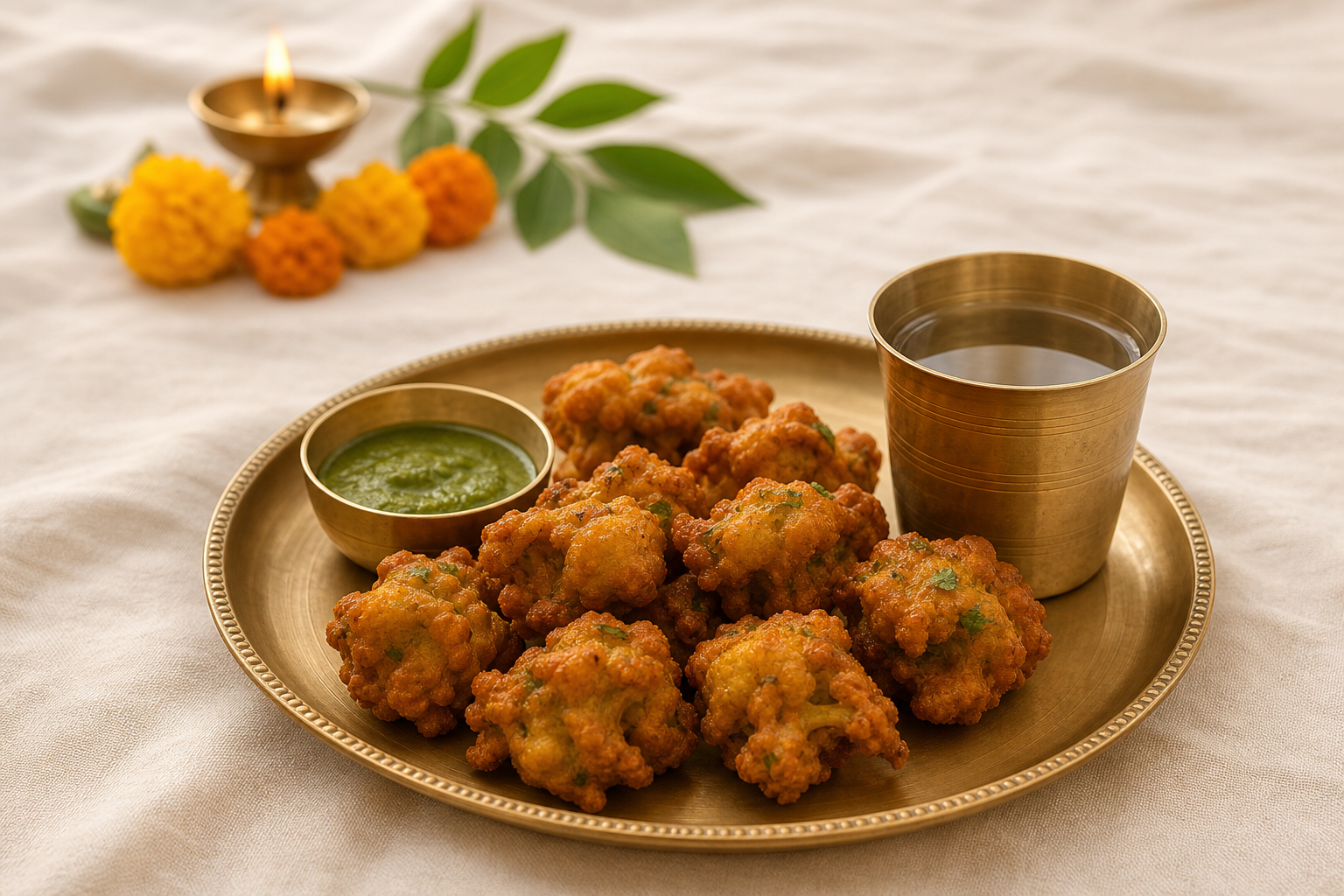 Cauliflower pakoras served on a brass plate with chutney and water, with a small oil lamp and marigold flowers softly blurred behind them.