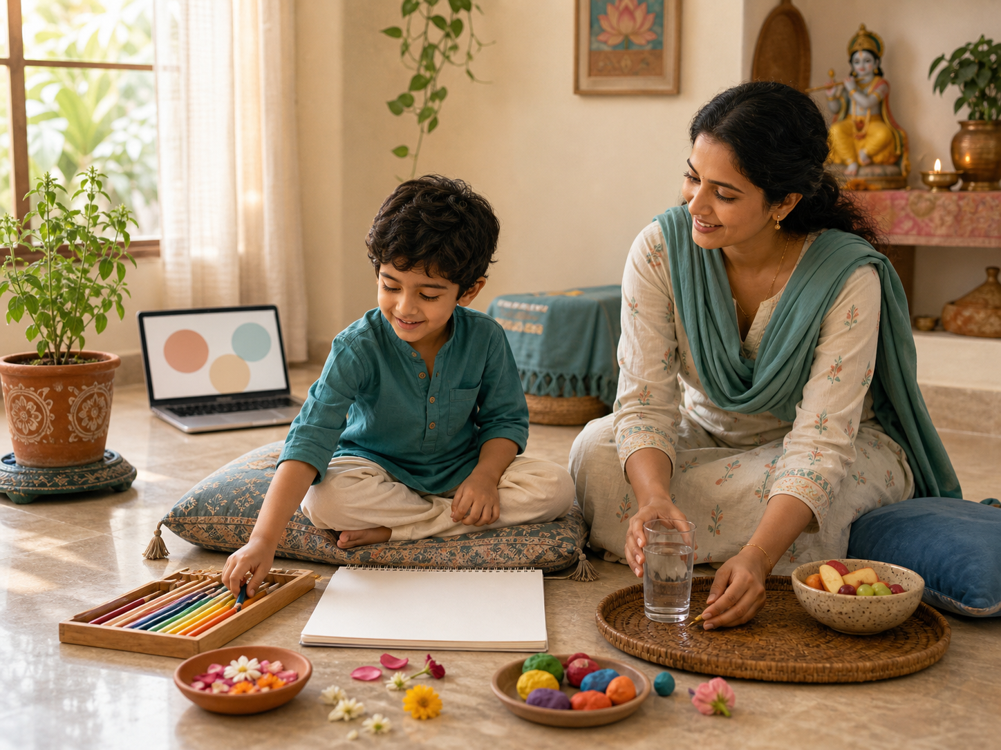 A relaxed child chooses art materials beside a laptop while a parent prepares water and fruit in a calm home learning space.