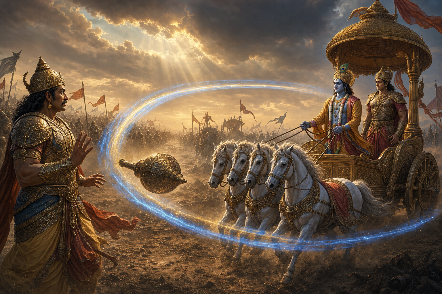 Varuna's glowing mace arcs back toward the armored Shrutayudha while an unarmed Krishna calmly holds the reins beside Arjuna's chariot on the Kurukshetra battlefield.