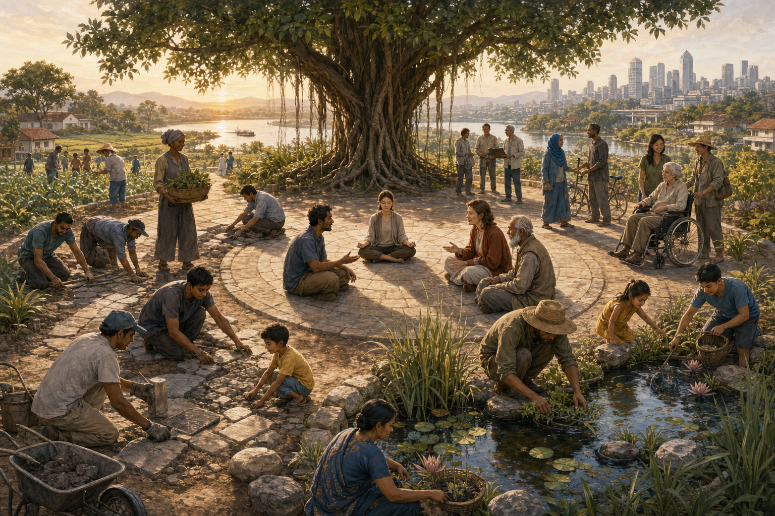 People cooperate beneath a banyan tree by mediating a disagreement, repairing a path, and caring for a shared water garden beside a river and city.