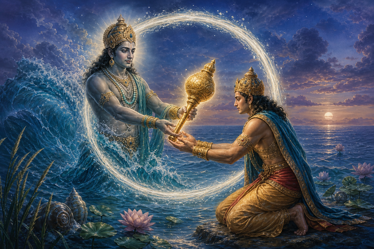 Varuna rises from ocean waves and solemnly presents a glowing mace to the kneeling Shrutayudha within a ring of water and light.