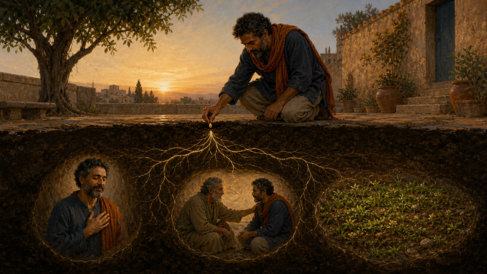 A person plants a seed in a courtyard while glowing roots connect to scenes of inner calm, repaired relationships, and renewed vegetation.