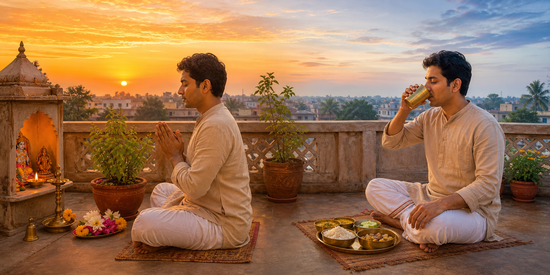 A devotee prays beside a lamp and tulsi plant at one sunrise and breaks the fast with water and a simple meal at the next sunrise.