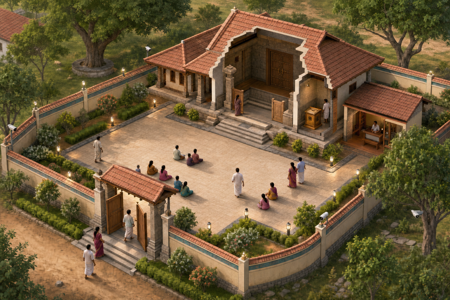 An isometric shrine layout shows a boundary gate, lit paths, clear sightlines, discreet cameras, a secure sanctum and an open worship area.