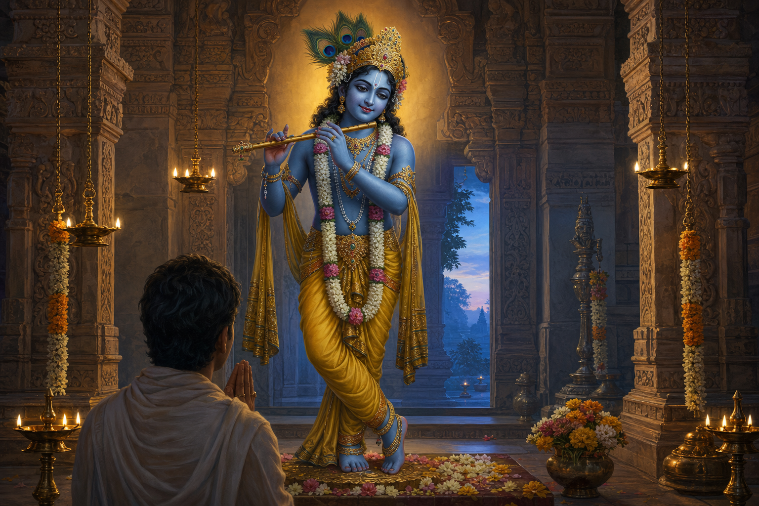 A devotee with folded hands beholds Krishna holding a flute in a flower-adorned temple sanctum lit by oil lamps.