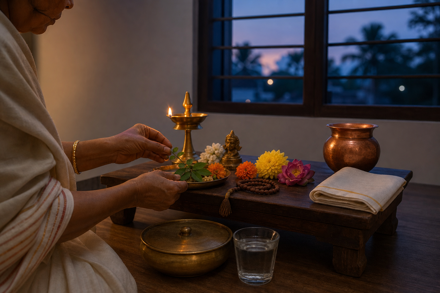 A devotee arranges a brass lamp, flowers, prayer beads, tulsi leaves, and a water vessel on a home prayer platform in the evening.
