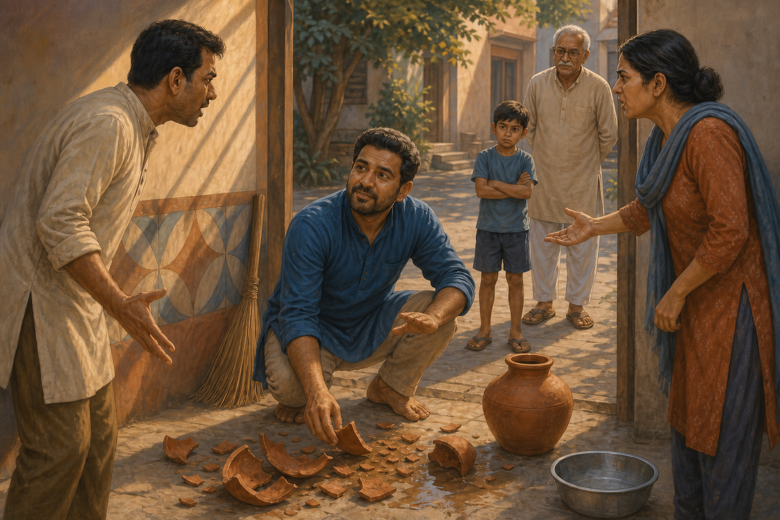 Three adults respond to a broken clay water vessel in a communal courtyard, with one person listening calmly and collecting the fragments.