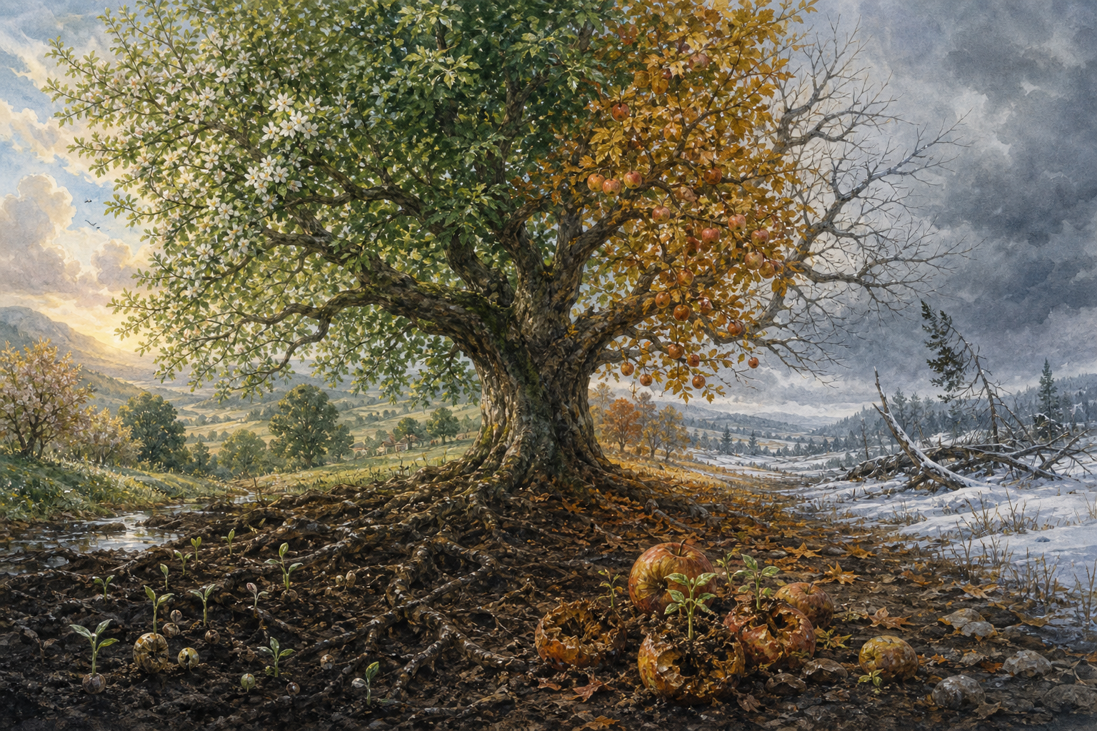 One fruit tree appears across four blended seasons, surrounded by planted seeds, fallen fruit, new seedlings, rain, and distant storm damage.