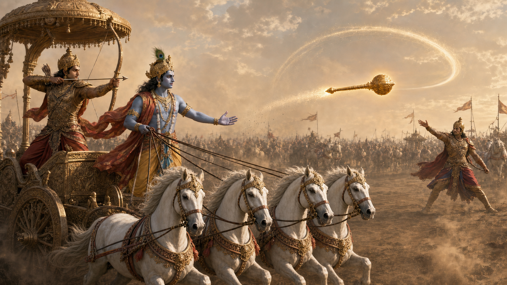Krishna holds only the reins at the front of Arjuna's chariot as Shrutayudha's luminous mace curves away from the unarmed charioteer.