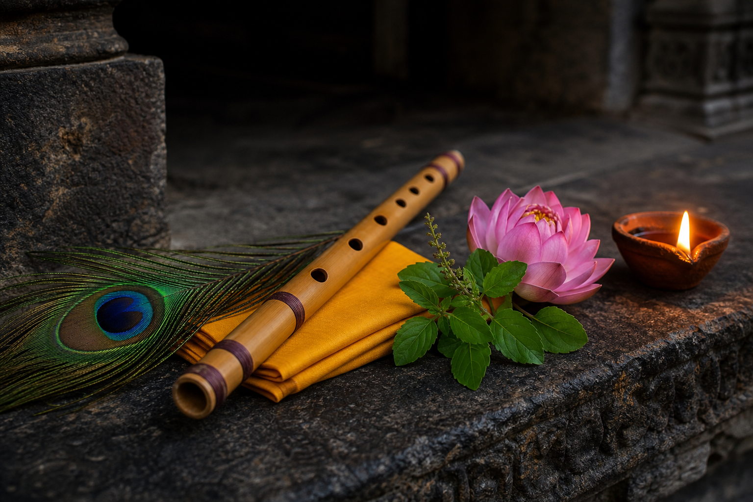 A flute, peacock feather, yellow cloth, tulsi sprig, lotus, and glowing clay lamp rest on a stone ledge.