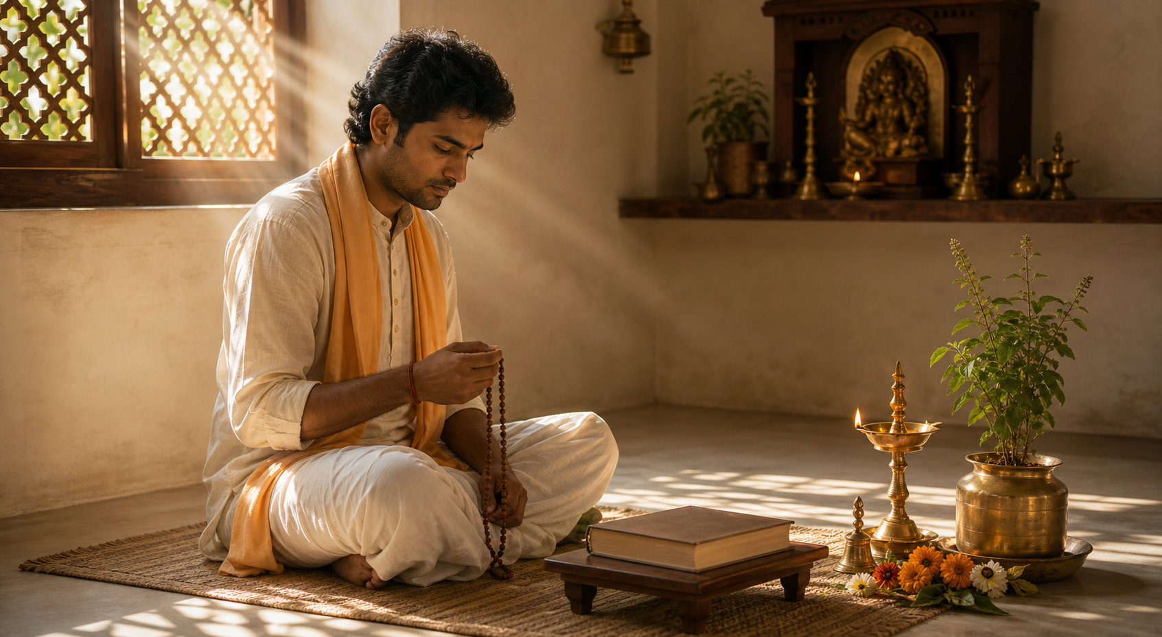 A seated devotee holds prayer beads in a sunlit home prayer room beside a lamp, tulsi plant, flowers, bell, and closed book.