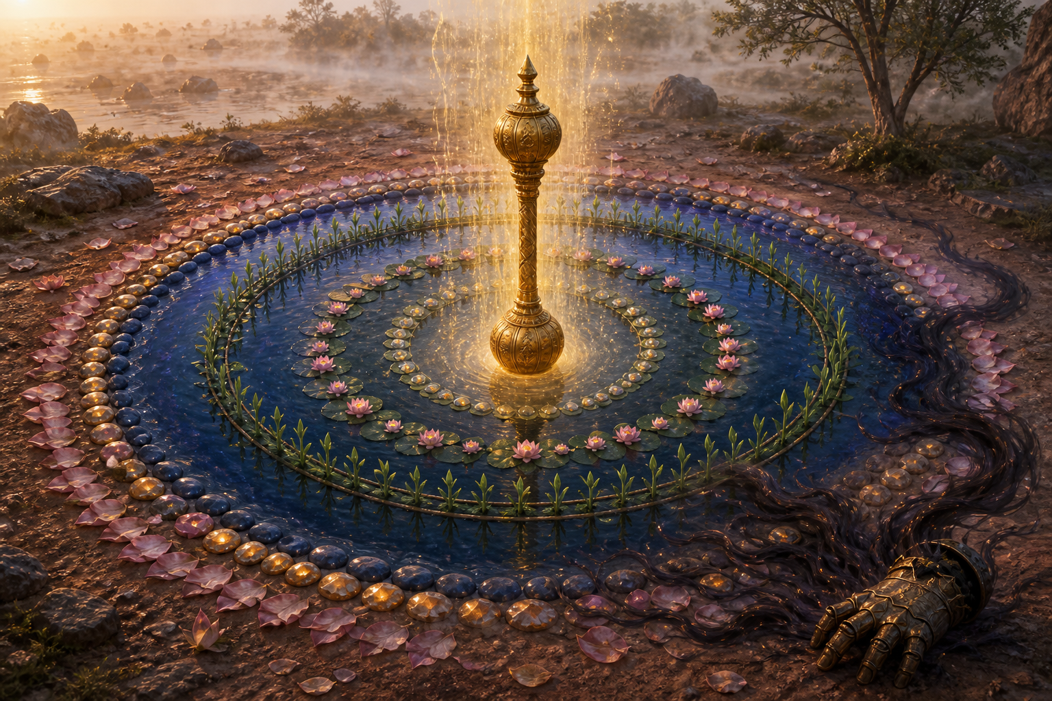 A golden mace stands within a circular boundary of water and lotus petals while orderly light rises inside and darker energy curves back toward an empty gauntlet outside.