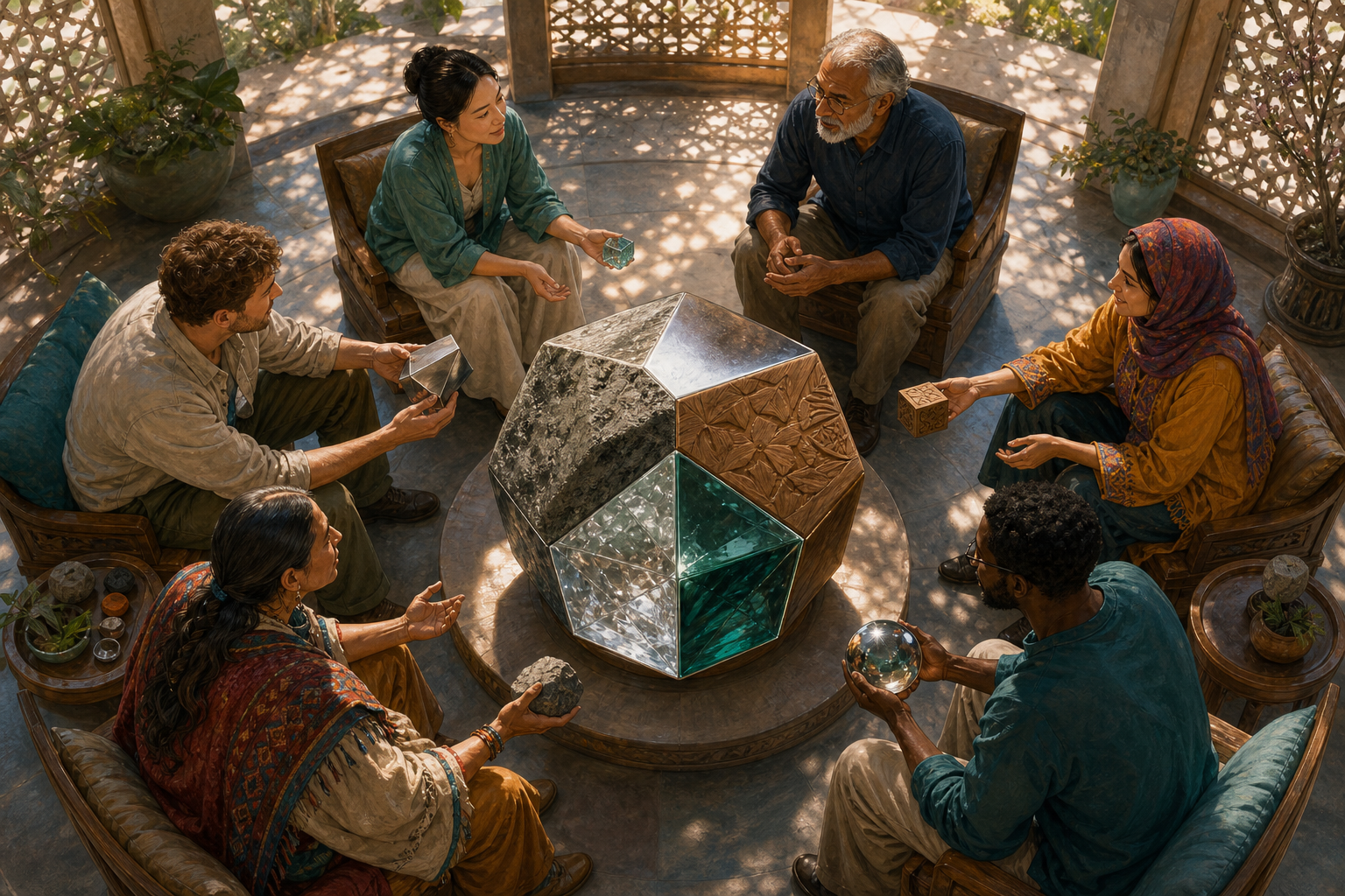 Six people sit in a circular pavilion and examine different surfaces of one many-faceted object while listening to one another.