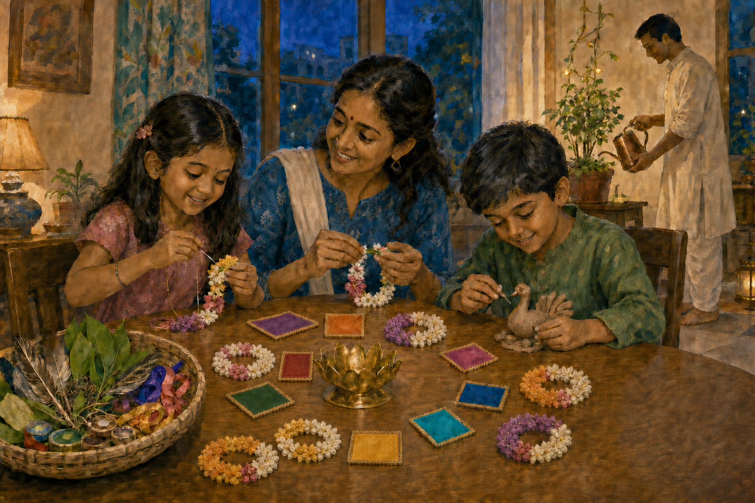 A family makes small flower garlands and devotional crafts together at a table after closing the laptop.