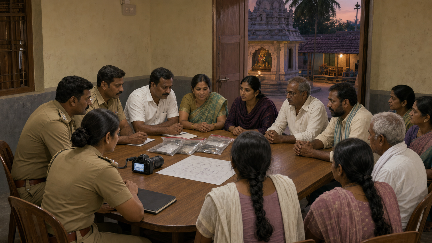 Investigators, shrine trustees and villagers calmly review evidence together in a hall beside the shrine.