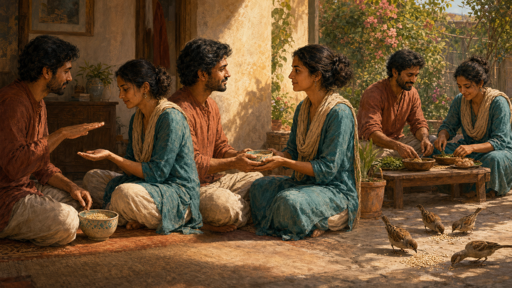 A continuous three-part scene shows a person considering an offering of grain, sharing it respectfully, and then preparing food together with the recipient.