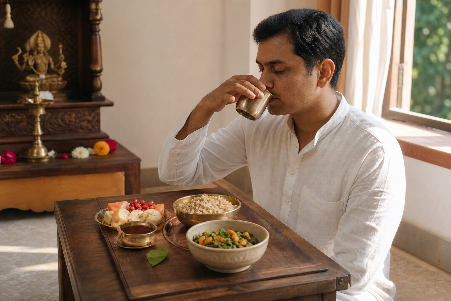 A devotee begins a morning meal with a cup of water beside tulsi, fruit, grains, and vegetables after sunrise.