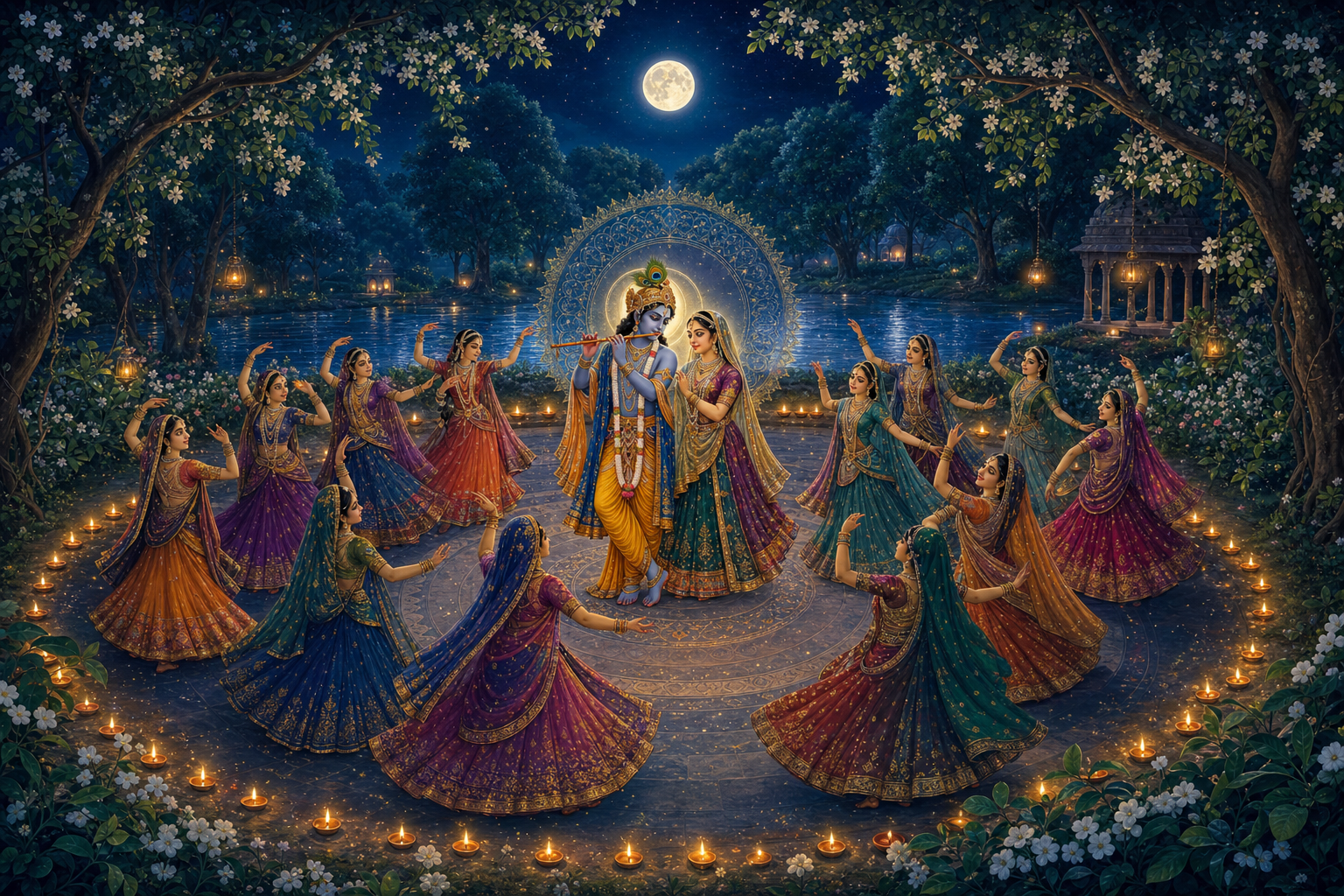 Radha and Krishna stand at the center of a reverent circular dance beneath the full moon beside the Yamuna River.