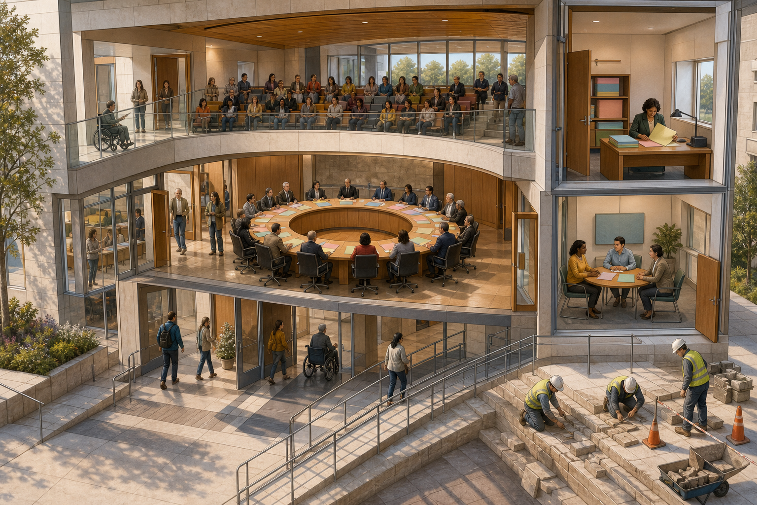 An open civic building contains a public council meeting, resident observers, an independent review desk, a mediation room, and workers repairing an exterior step.