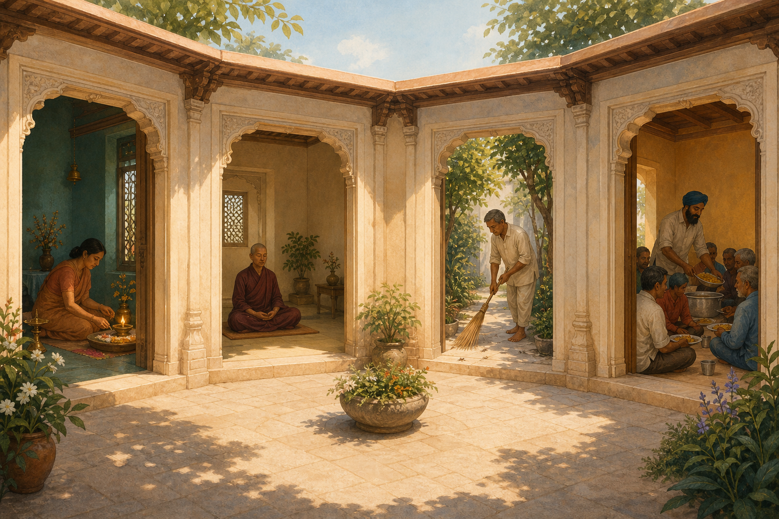 Four equal doorways open onto a shared courtyard, showing a lamp ritual, seated meditation, careful path sweeping, and communal meal service.