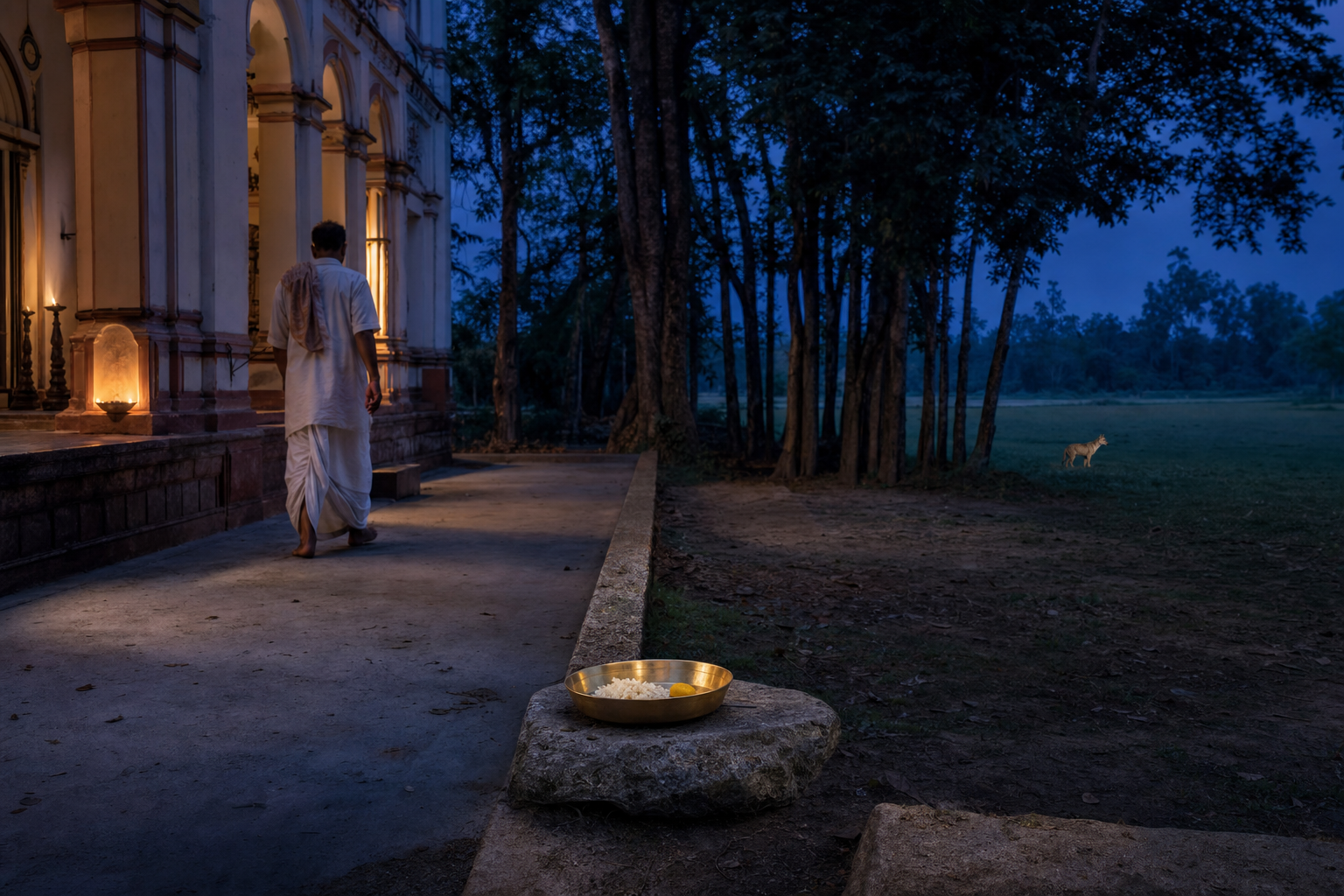 A brass bowl of consecrated food rests near a grove outside a lamp-lit Kali temple at dusk, with a jackal visible far in the distance.
