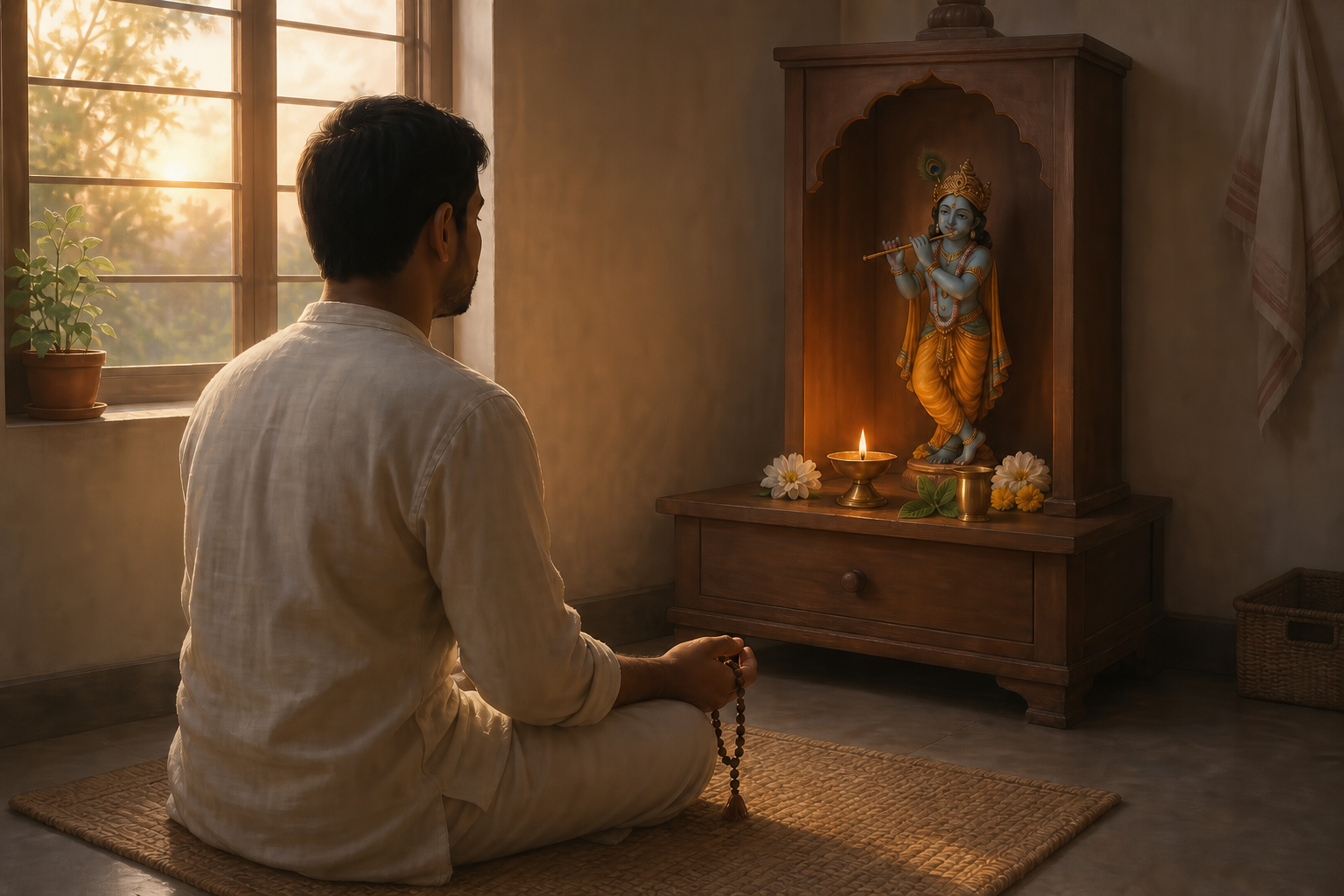 A seated practitioner uses prayer beads before a simple home shrine with a Krishna figure, flowers, water, and a lit lamp.