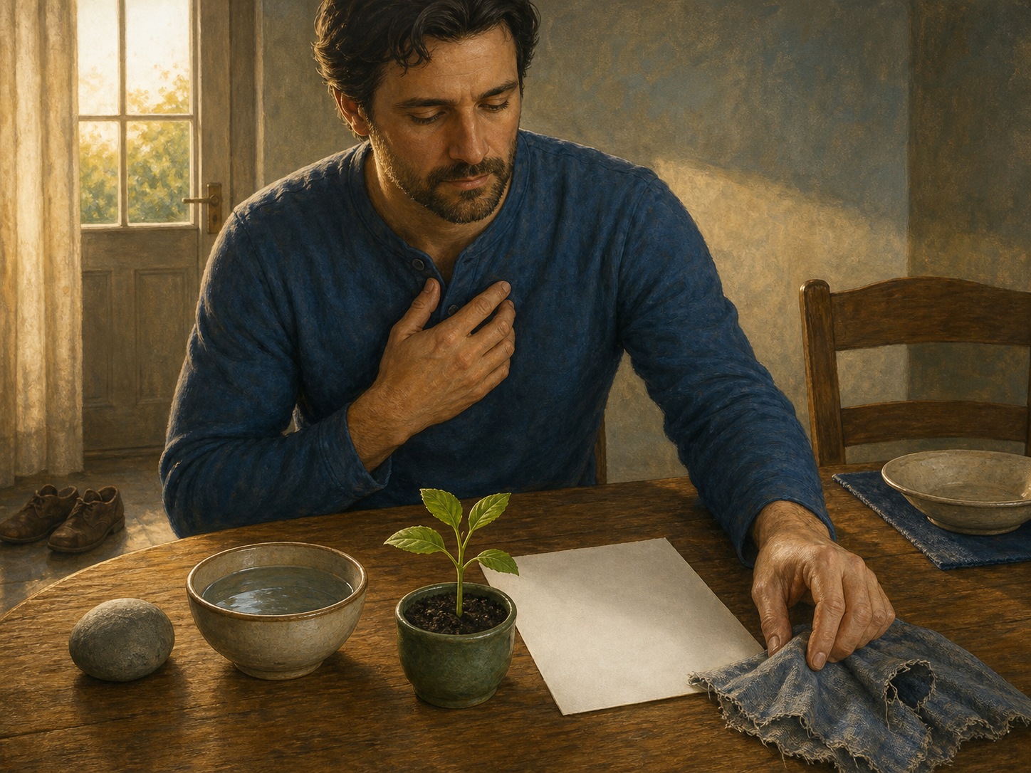 At sunrise, a person sits at a wooden table with a stone, water bowl, seedling, blank paper, and torn cloth ready to mend.