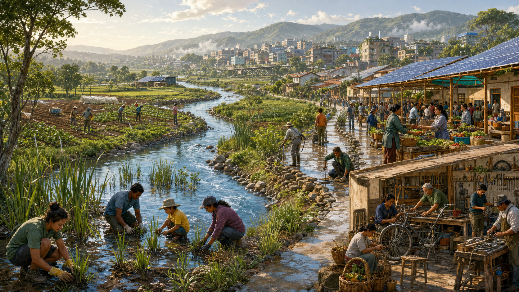 A river-valley community farms, repairs goods, exchanges produce, uses solar shade, and replants a wetland along the water.